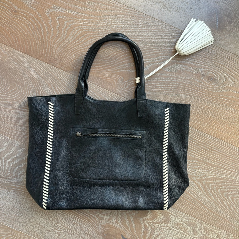 Unique Black Leather Tote Bag with White Whipstitch & Tassel Accent - Picture 3 of 6